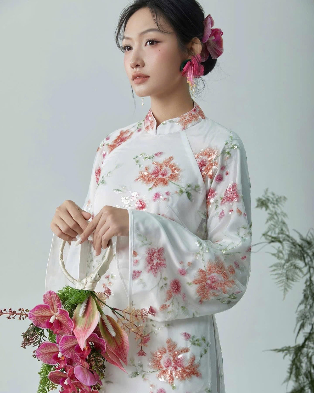 XuanHa Vietnamese ao dai embroidery blue/ white sequins, pants included