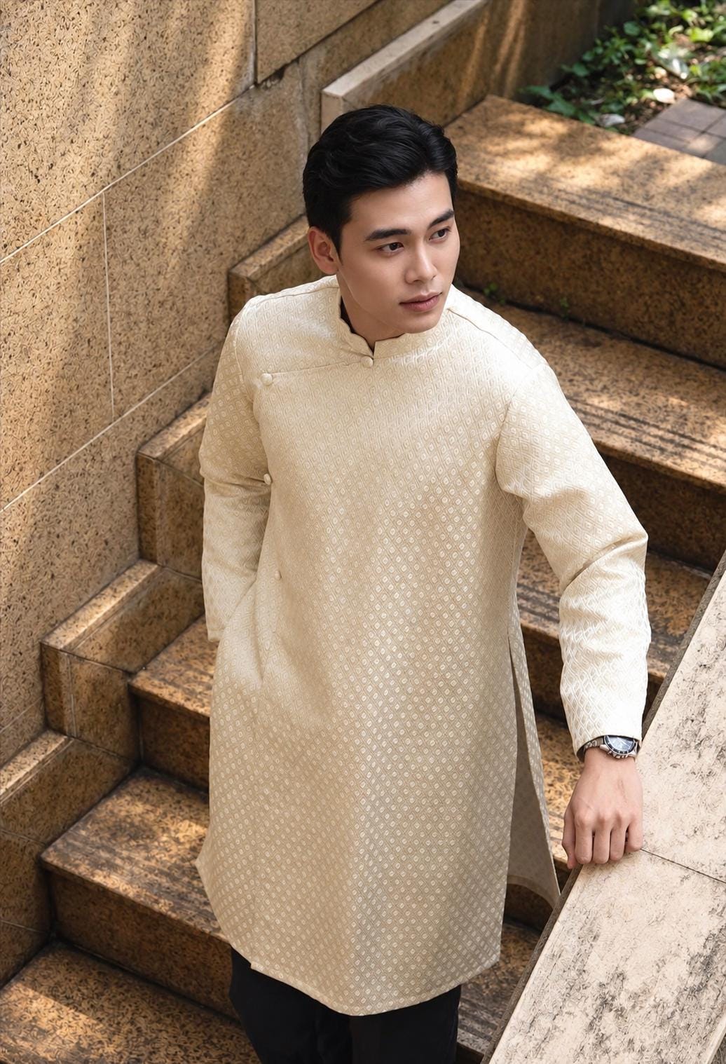 TuyenThoi Vietnamese aodai for men Tafta teal or ivory