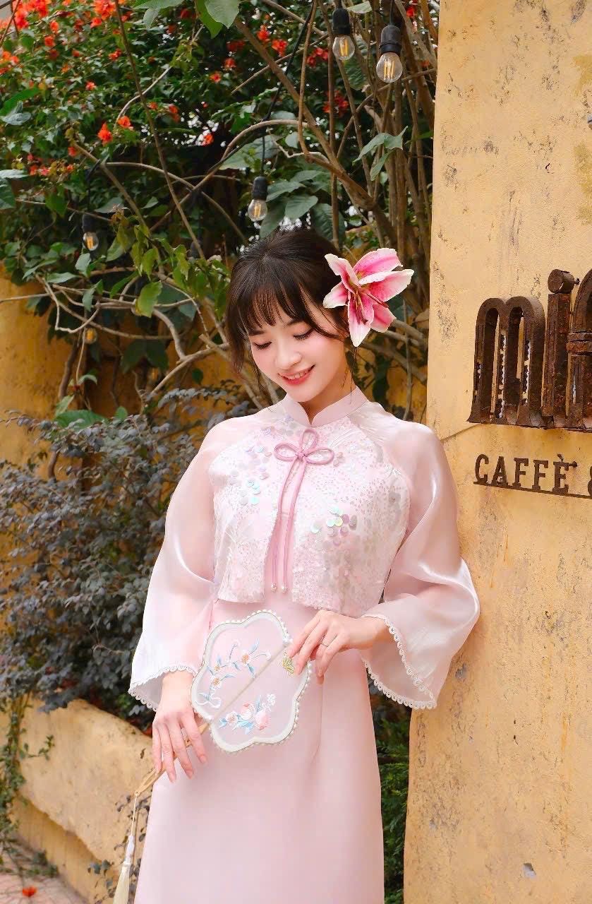 HongVy Vietnamese ao dai tafta sequins aodai pink, pants included