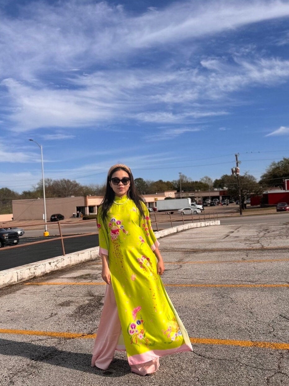 XuanChi Vietnamese ao dai yellow-green, pants included
