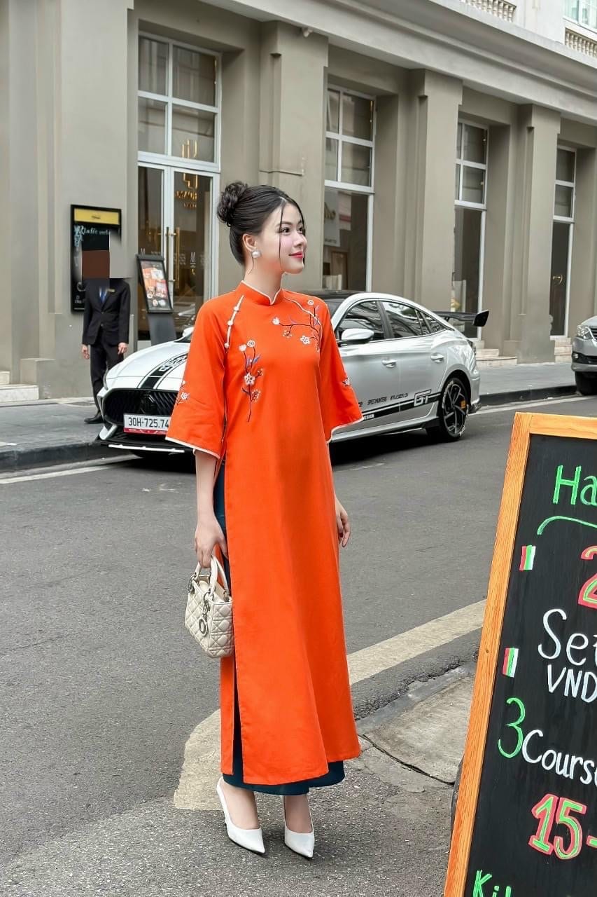 Linen Vietnamese embroidered aodai orange, pants included