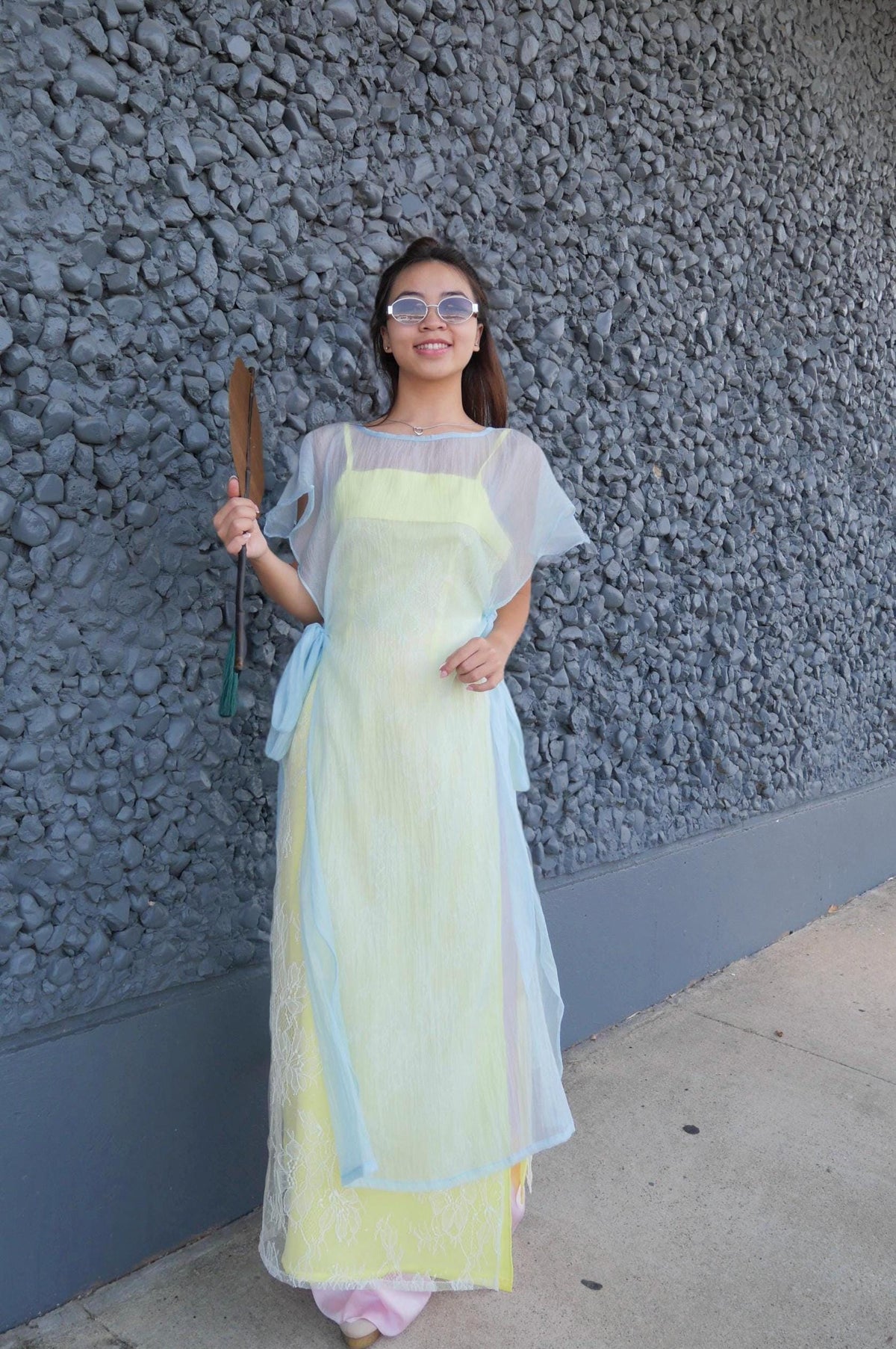 CachTanRen Vietnamese ao dai 2 pieces yellow or green, pants included
