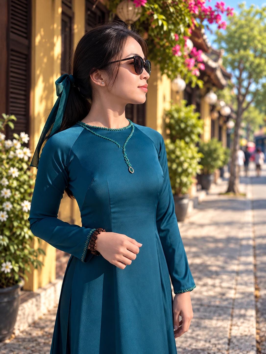 NgocTrai Vietnamese aodai teal green, pants included