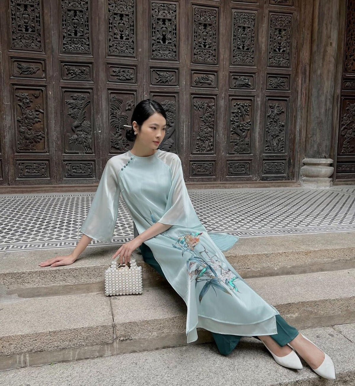Vietnamese ao dai TrucVien green loose style, pants included