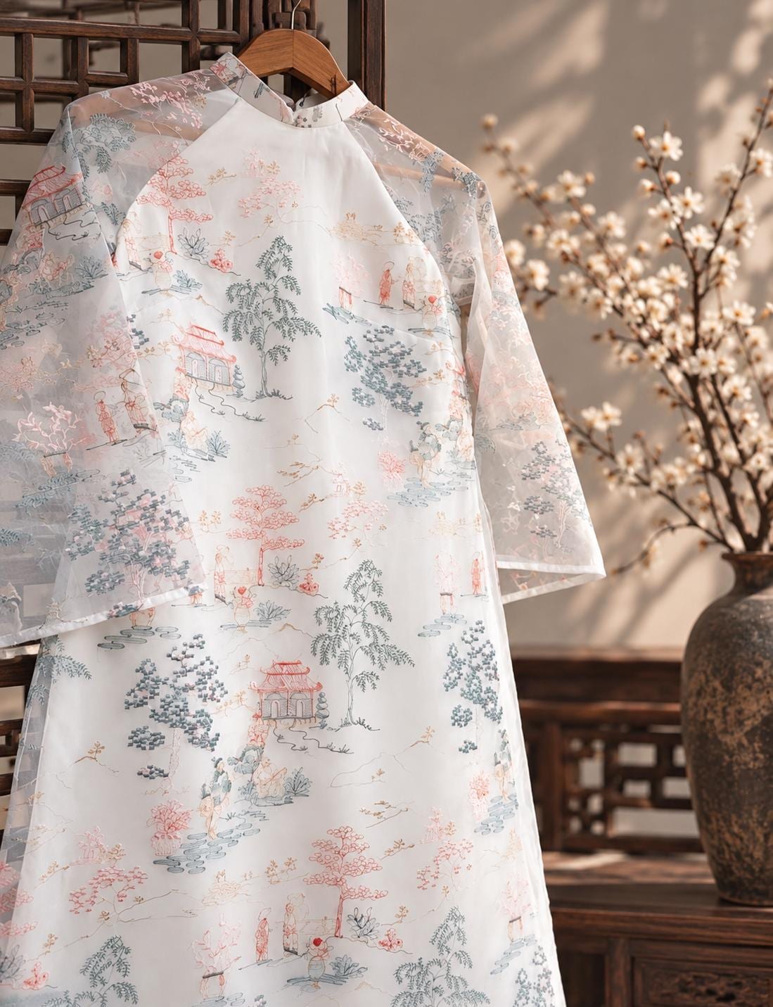 Vietnamese aodai ThuyMac white loose style, pants included