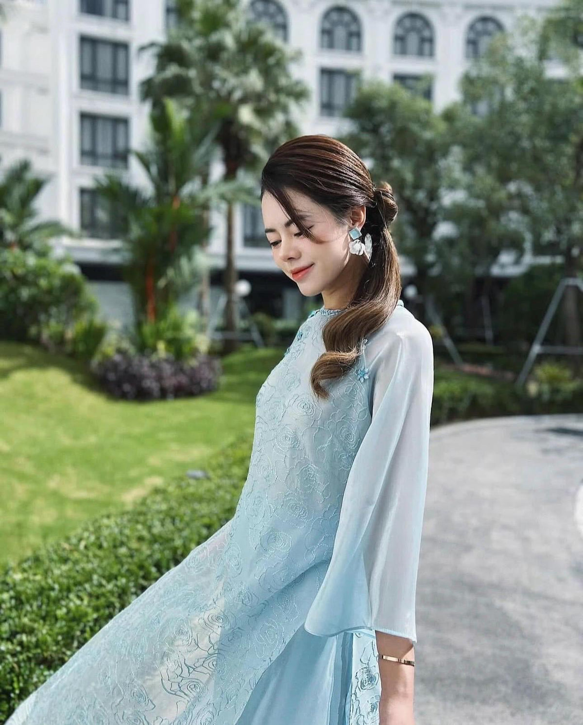 LamVy Vietnamese ao dai sky blue, pants included