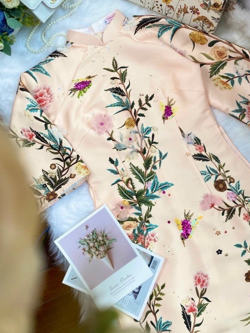 XuanVien Vietnamese ao dai cream nude, pants included