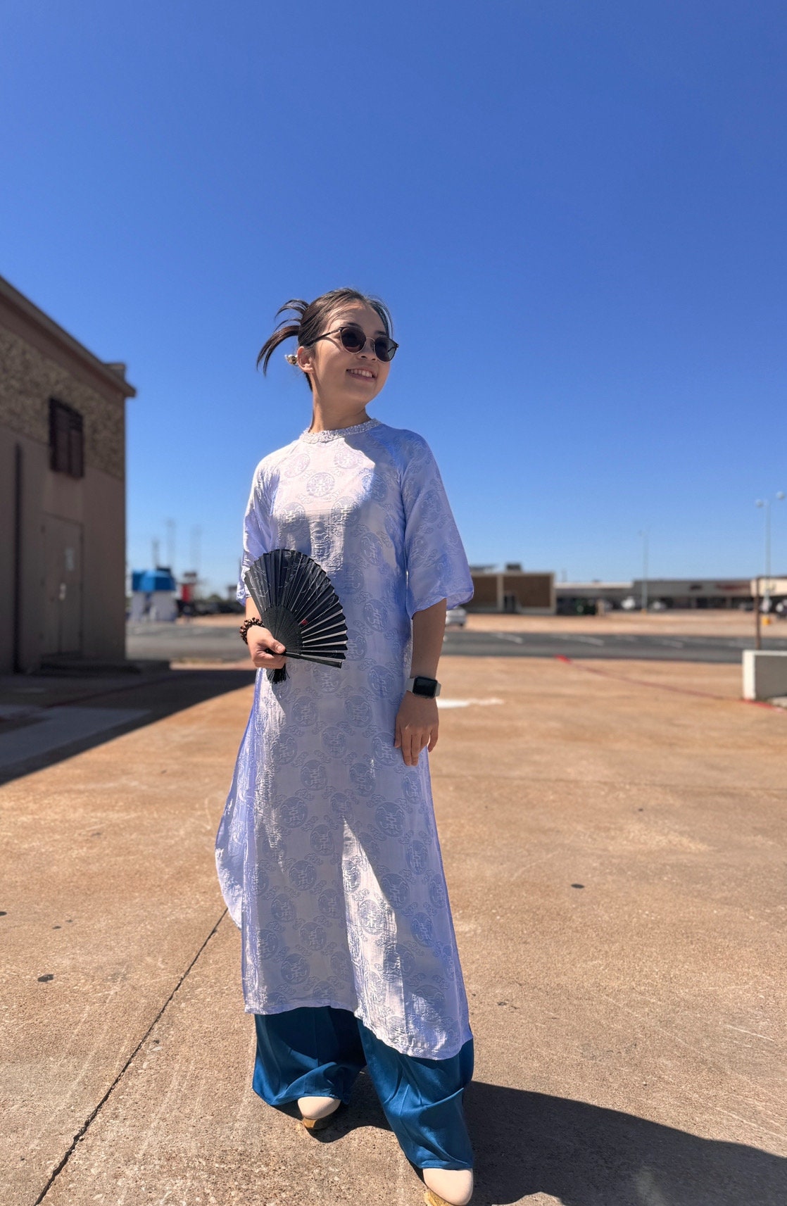 Vietnamese Aodai lụa tơ tằm Biec blue, luxury Mulberry silk ao dai, pants included