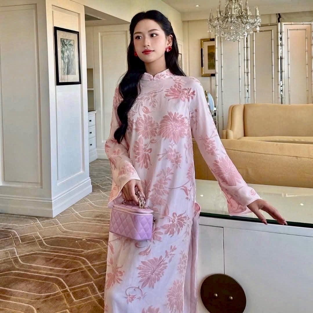Vietnamese ao dai floral pink Velvet embossed aodai, pants included