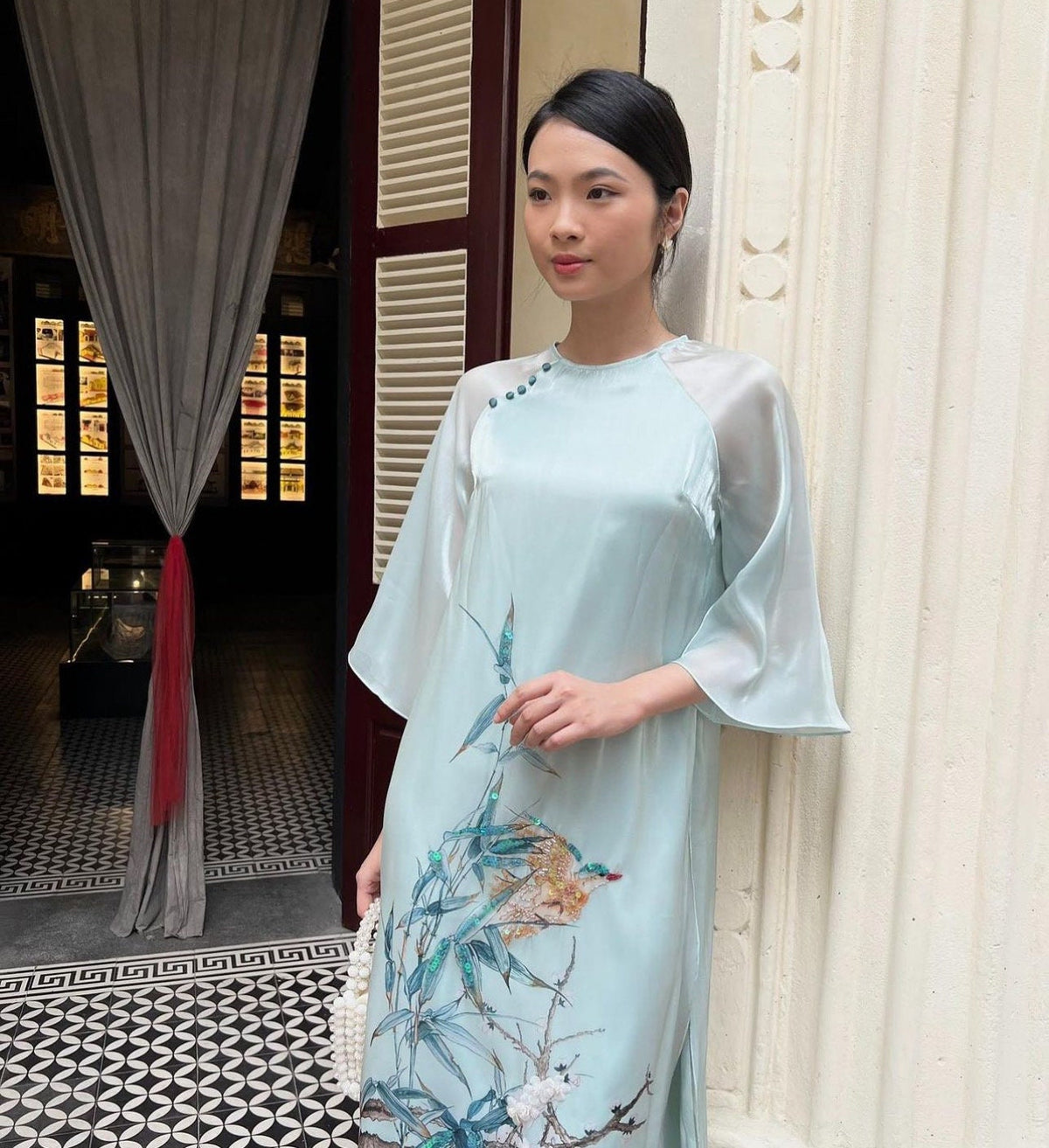 Vietnamese ao dai TrucVien green loose style, pants included