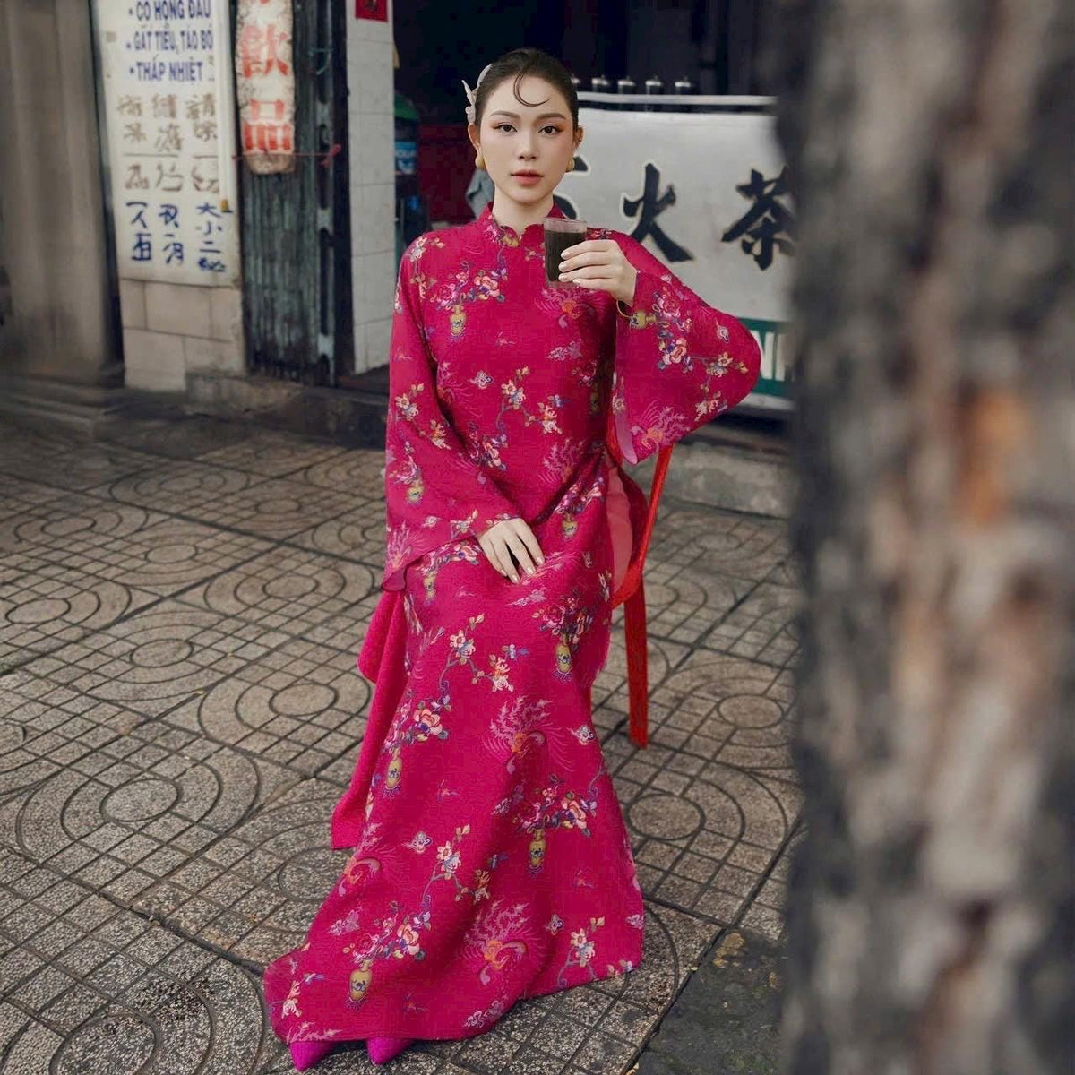 Vietnamese ao dai Lilam fushia printed aodai, pants included