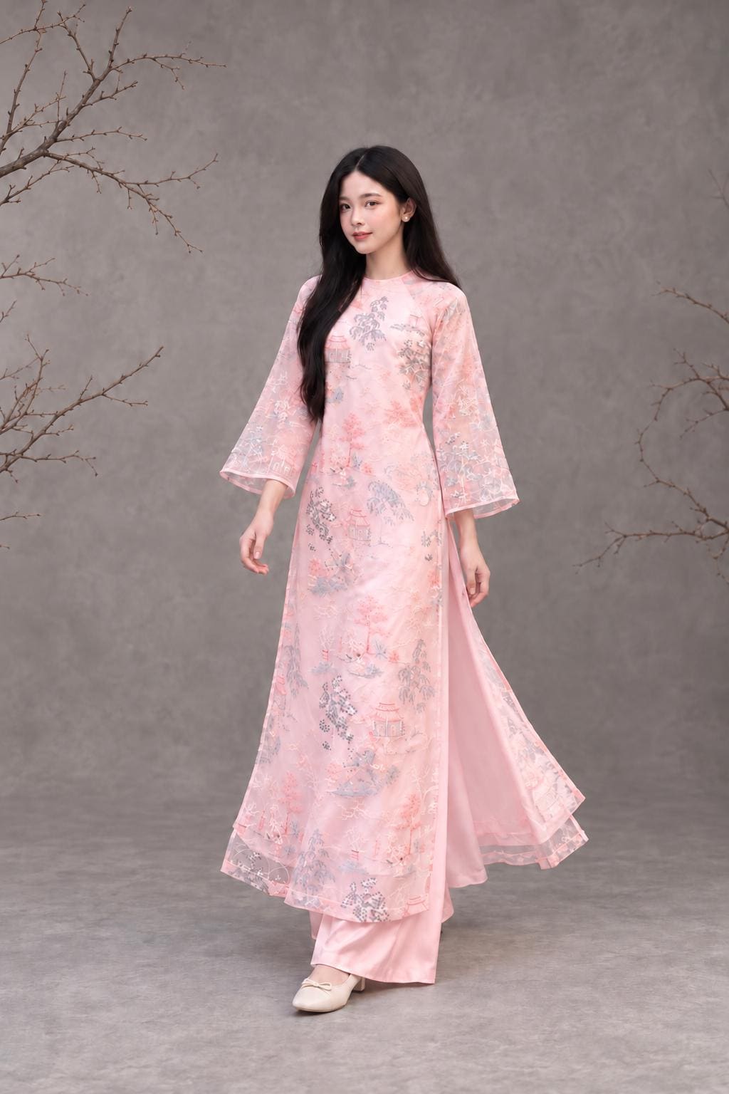 Vietnamese aodai ThuyMac pinknude, pants included