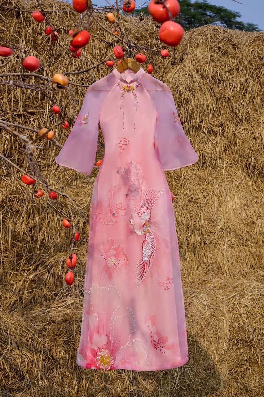 Vietnamese ao dai LK embroidery beaded pink phoenix aodai, pants included