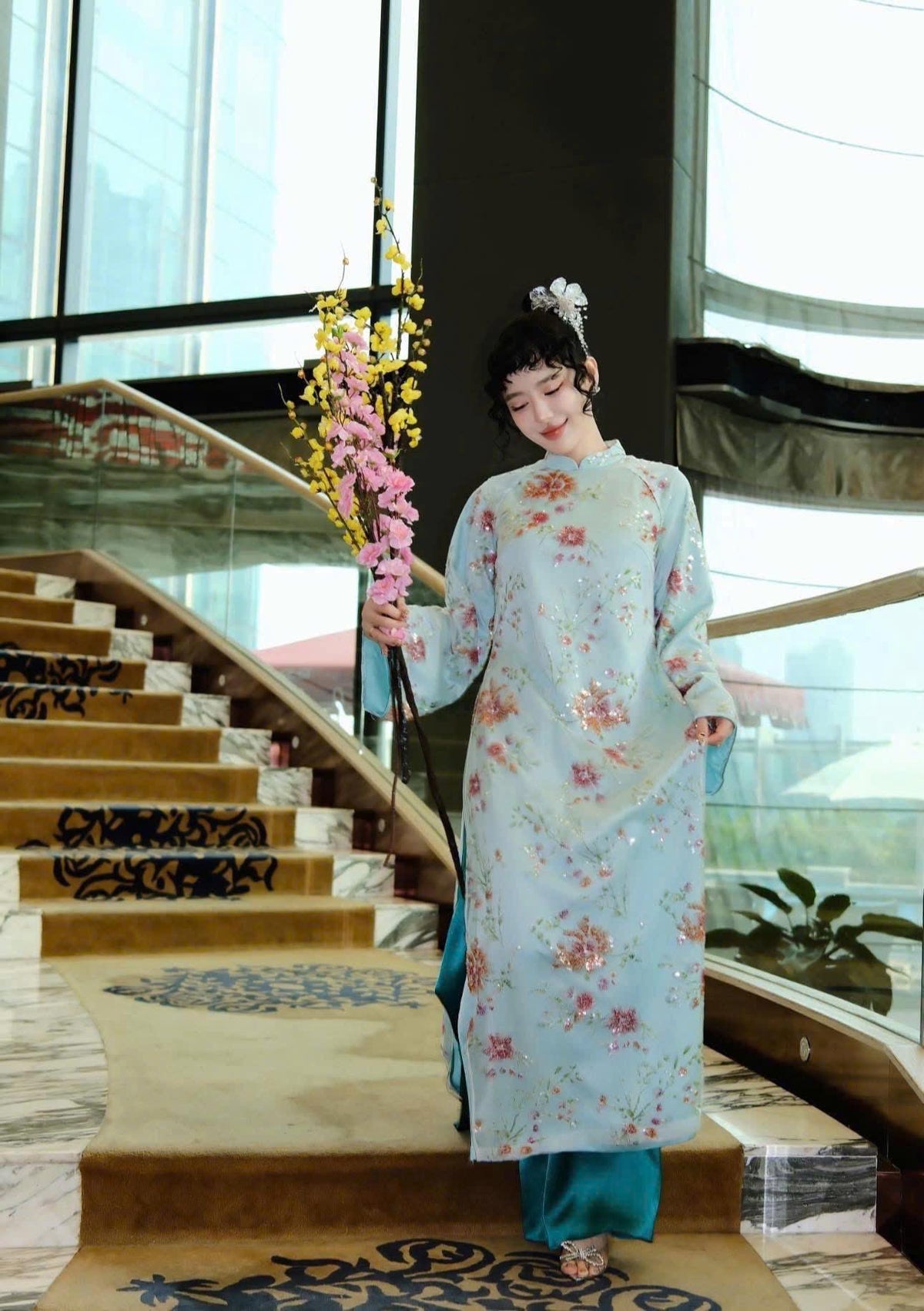 XuanHa Vietnamese ao dai embroidery blue/ white sequins, pants included