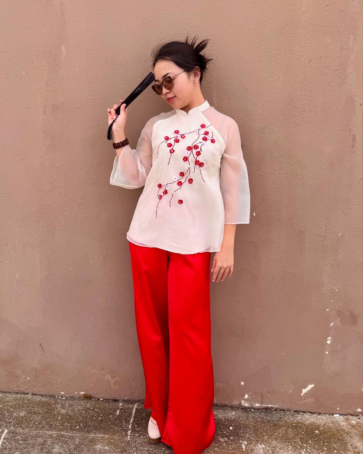Set of Vietnamese Phap phuc cream embroidery, pants included