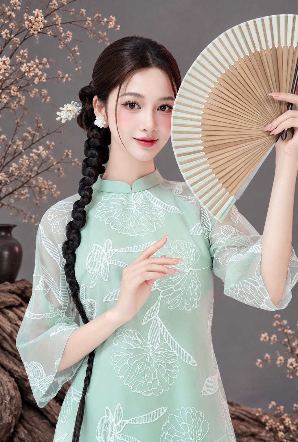 NgocHa Vietnamese ao dai embroidery mint green, pants included