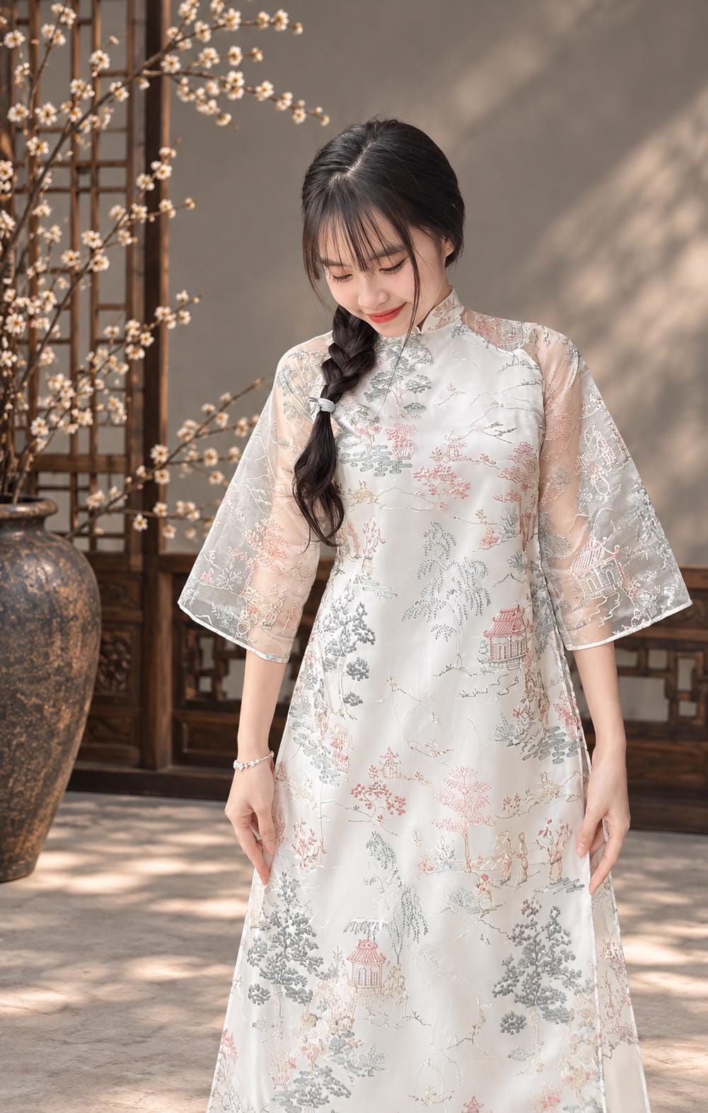 Vietnamese aodai ThuyMac white loose style, pants included