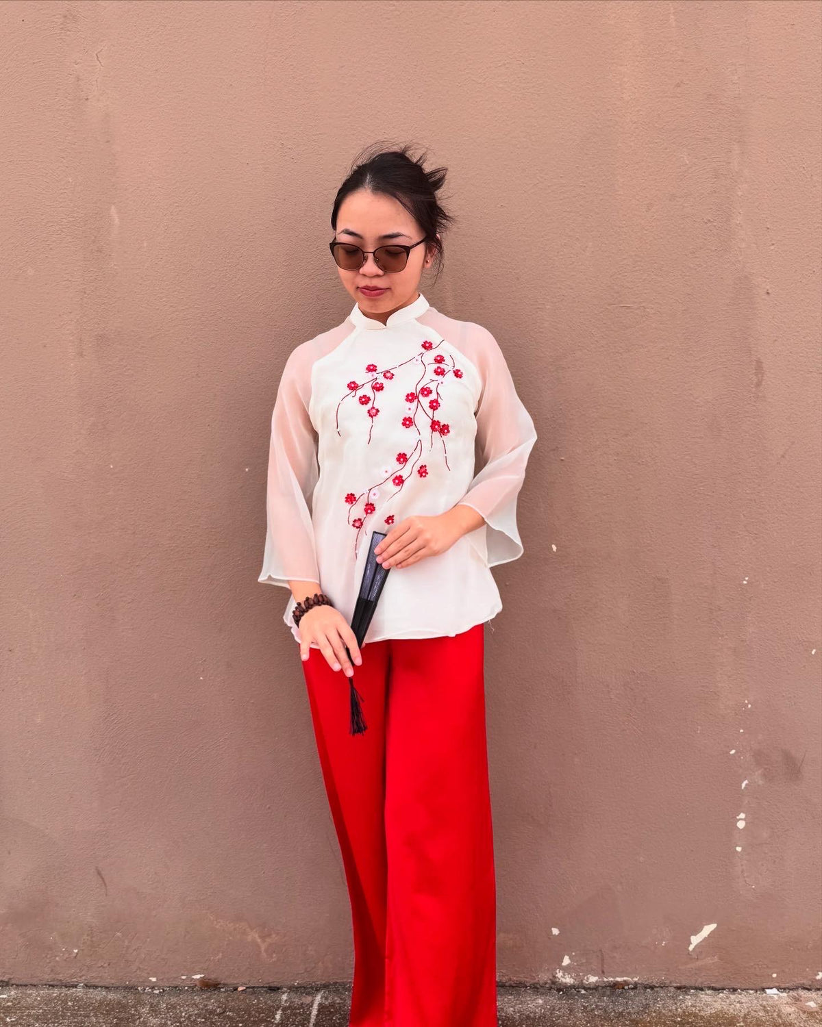 Set of Vietnamese Phap phuc cream embroidery, pants included
