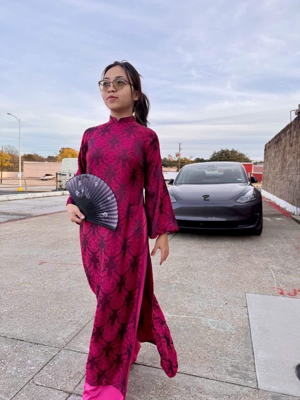 ThoCam Vietnamese ao dai fuchsia pink, pants included