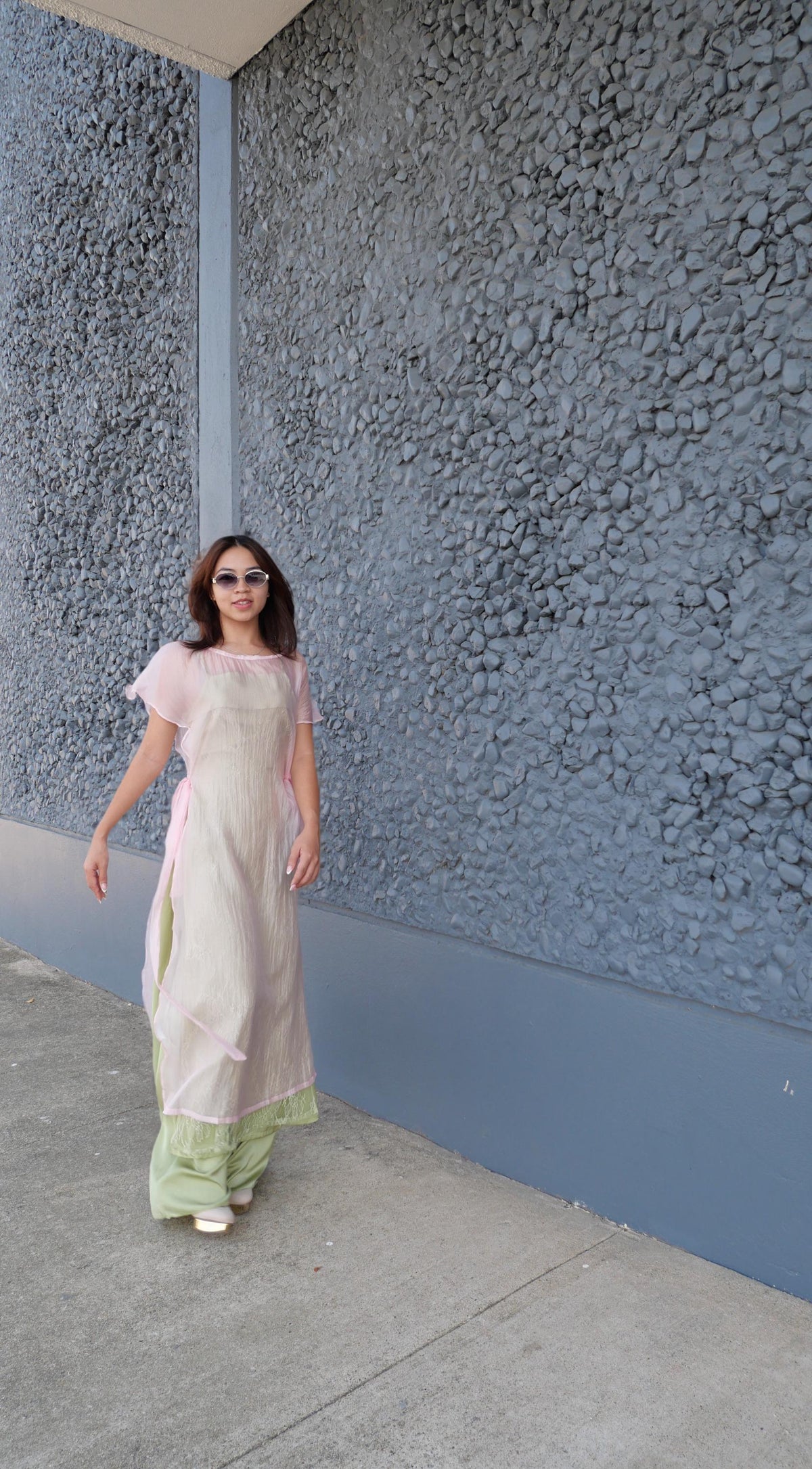 CachTanRen Vietnamese ao dai 2 pieces yellow or green, pants included