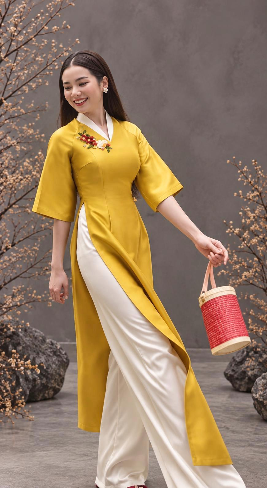 Keng Vietnamese ao dai Vneck yellow, pants included
