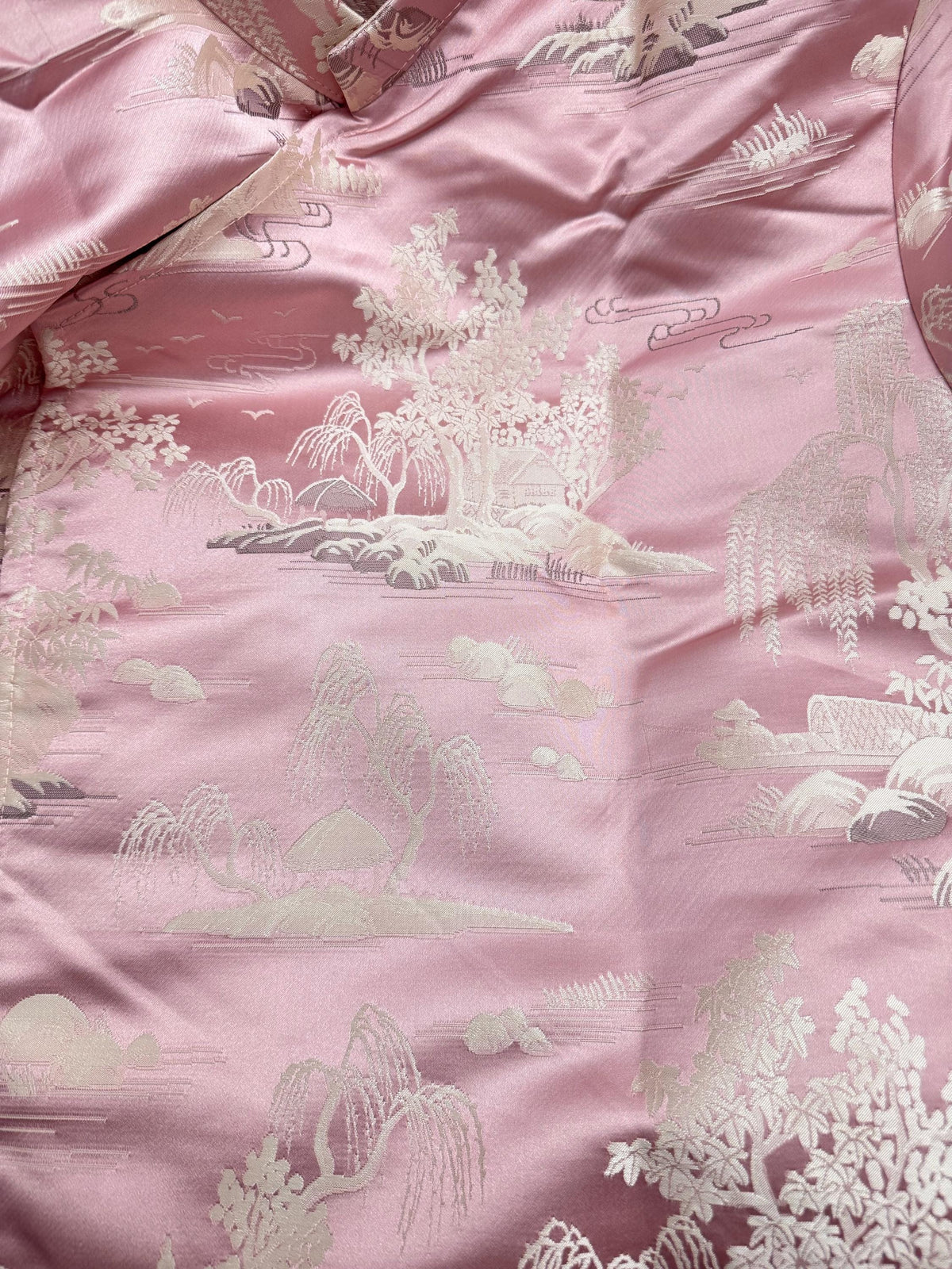 PhongVan Vietnamese aodai for men embroided pink gam taffeta