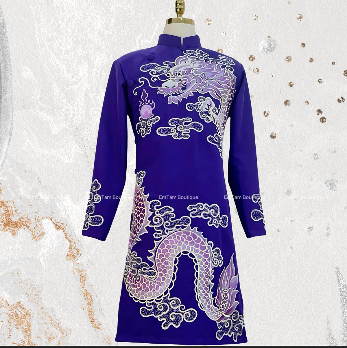 Dragon Vietnamese aodai for men embroidered purple