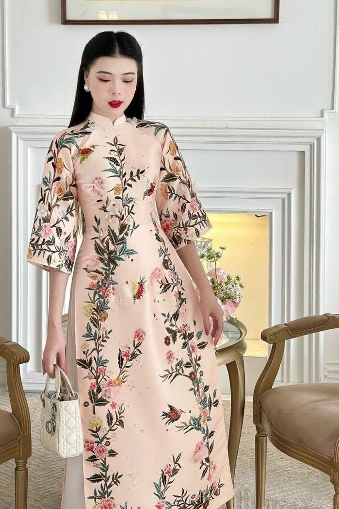 XuanVien Vietnamese ao dai cream nude, pants included