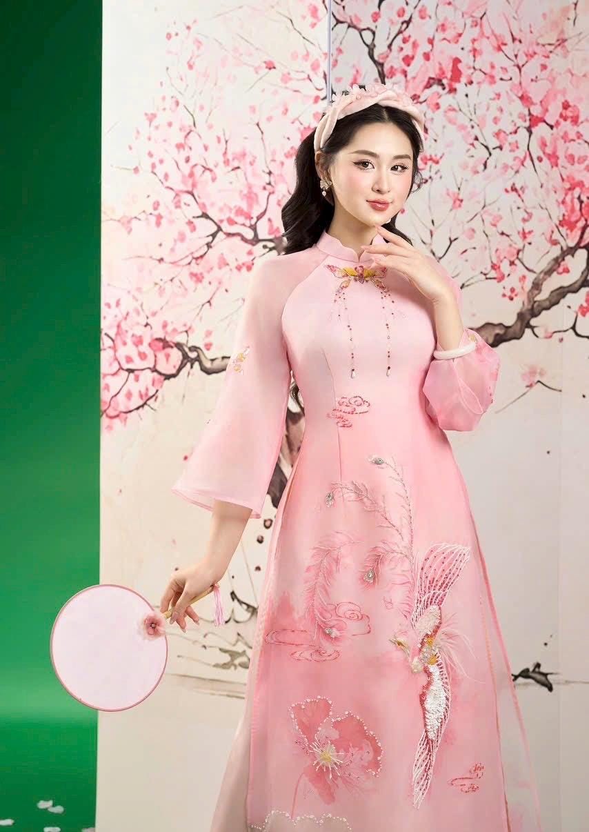 Vietnamese ao dai LK embroidery beaded pink phoenix aodai, pants included