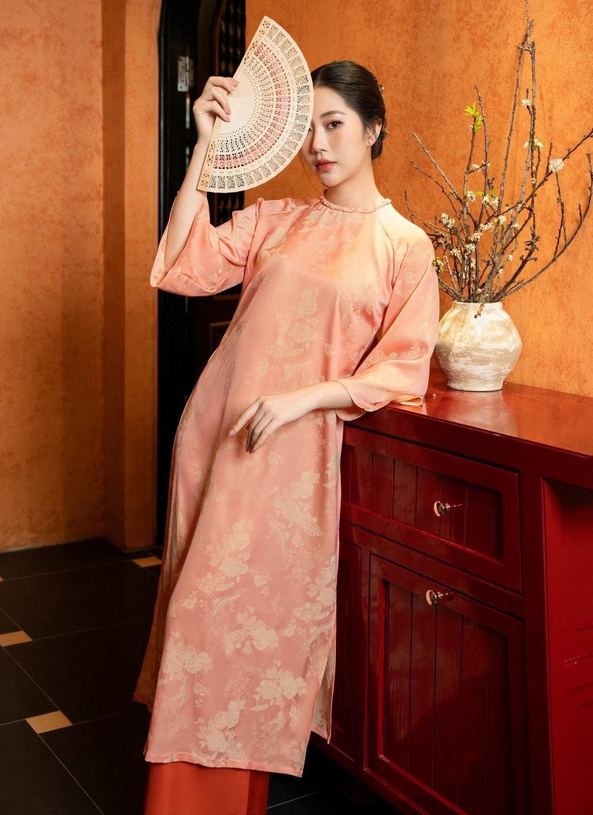 HoaY Vietnamese aodai peach, pants included