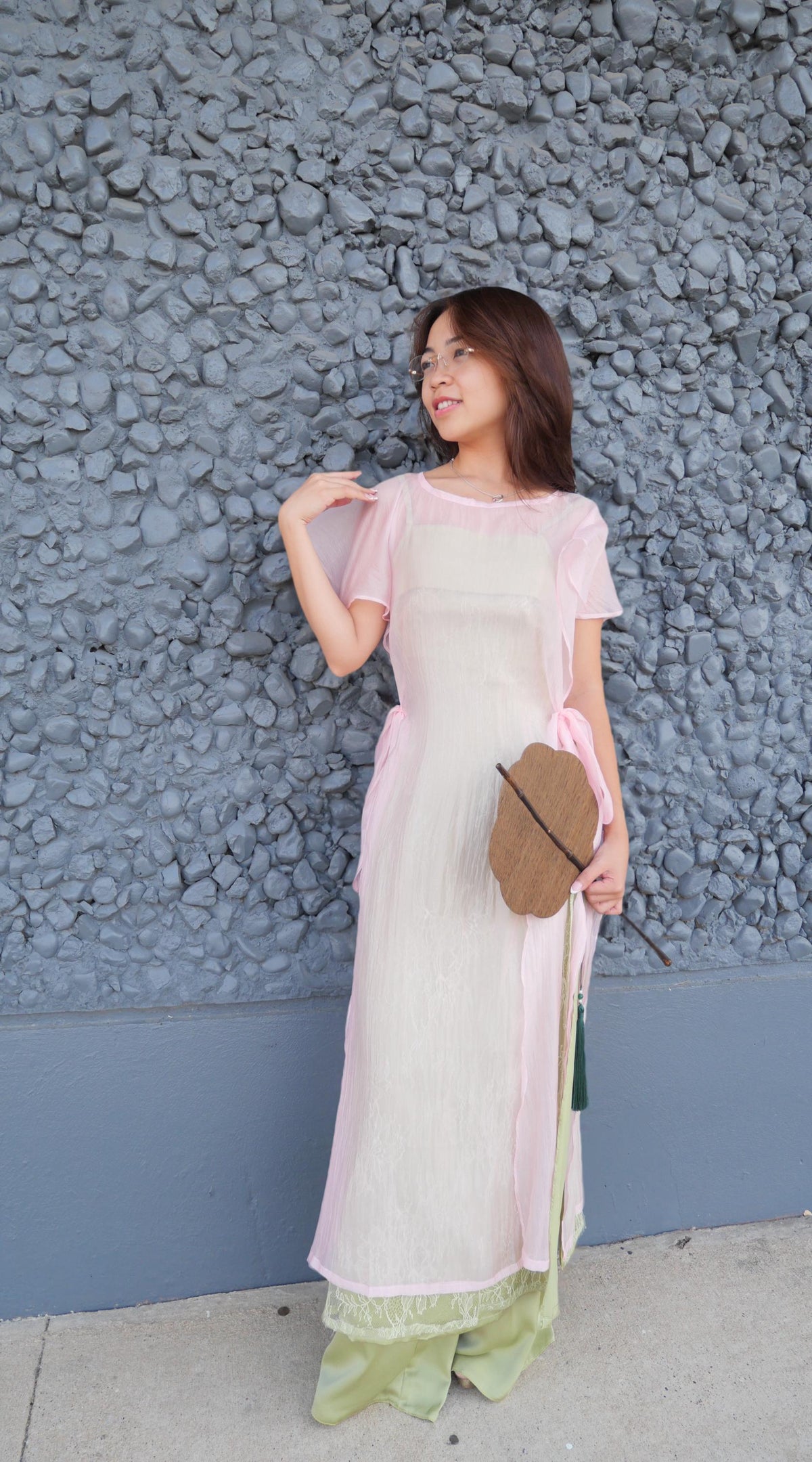 CachTanRen Vietnamese ao dai 2 pieces yellow or green, pants included