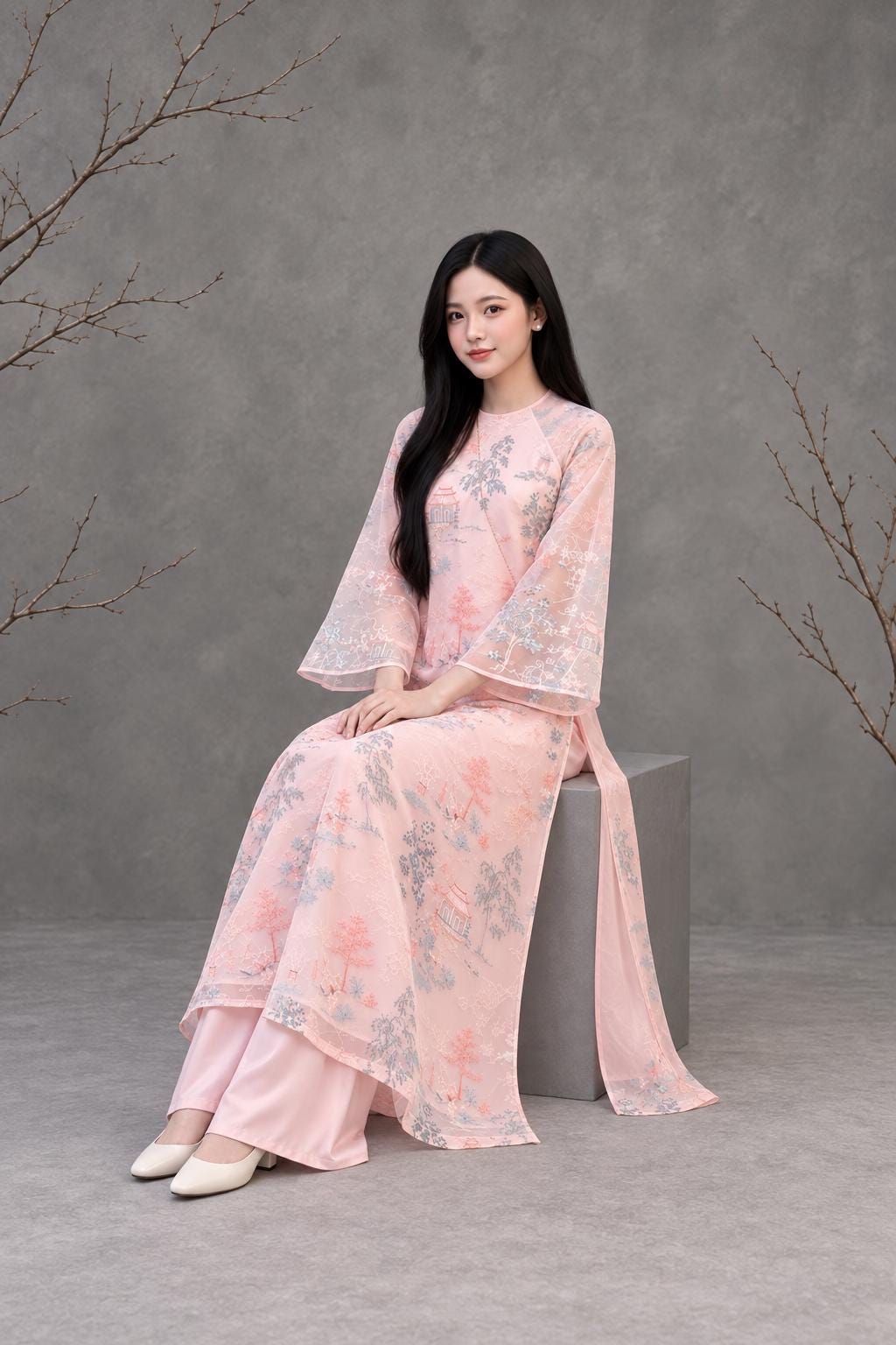 Vietnamese aodai ThuyMac pinknude, pants included