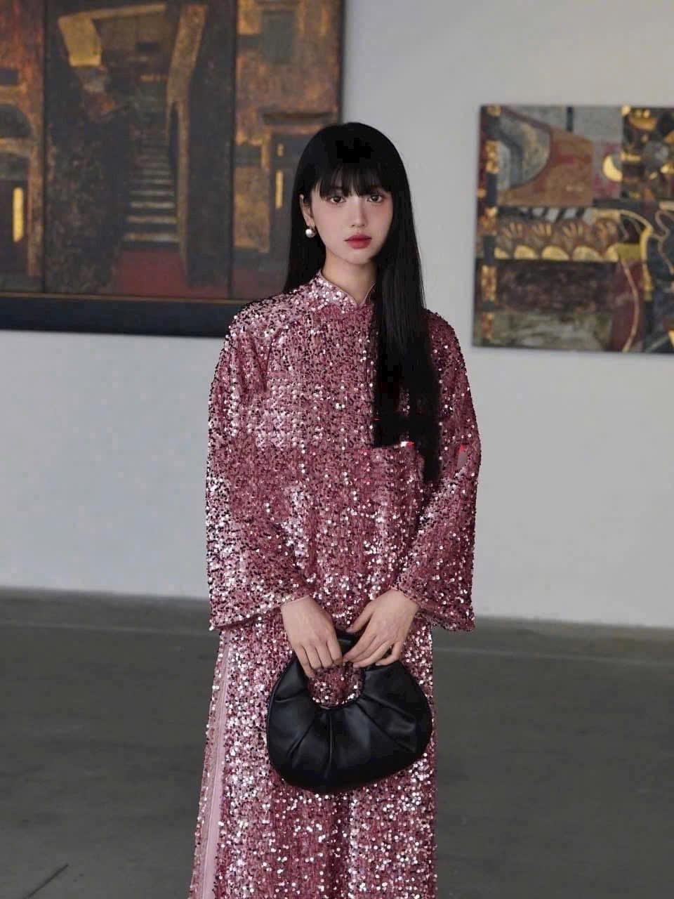 Vietnamese ao dai KimSa velvet embroidery dark red/ pink and cream sequins silk aodai , pants included