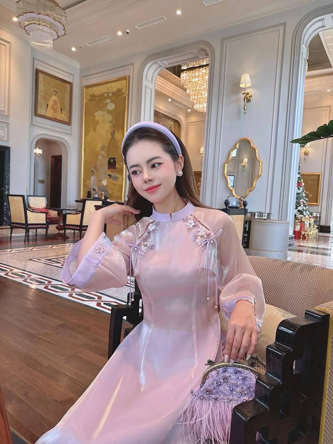 LynnTim Vietnamese aodai cutout purple beaded, pants included