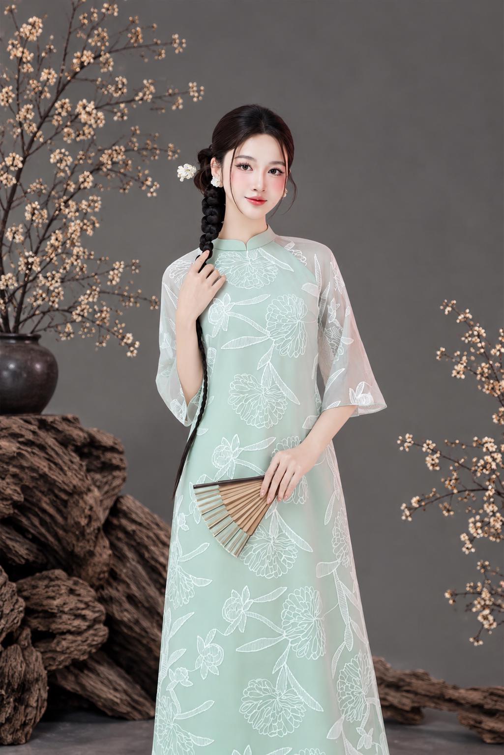 NgocHa Vietnamese ao dai embroidery mint green, pants included