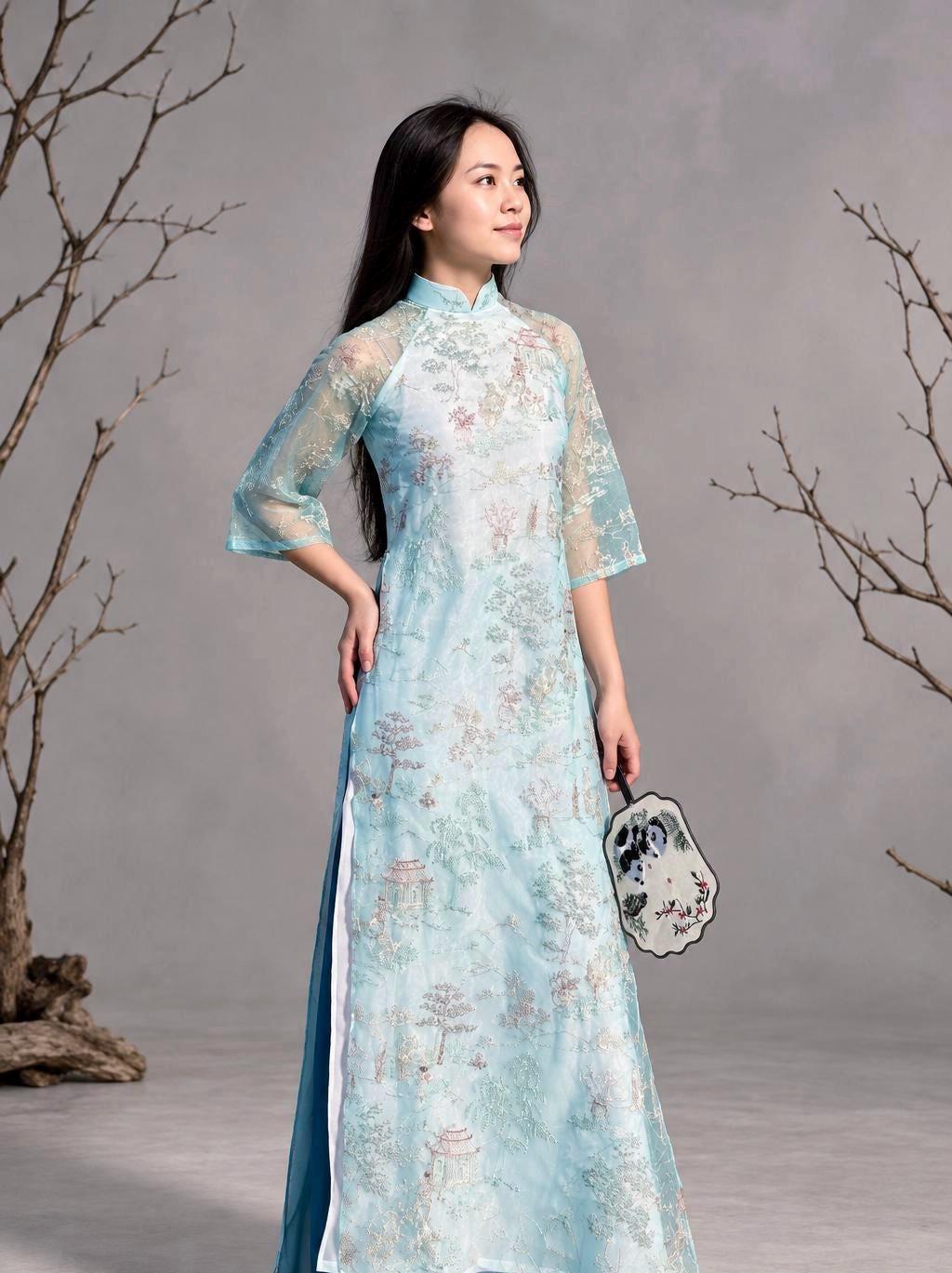 ThuyMy Vietnamese aodai blue organza, pants included