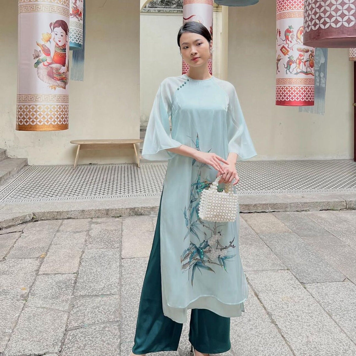 Vietnamese ao dai TrucVien green loose style, pants included