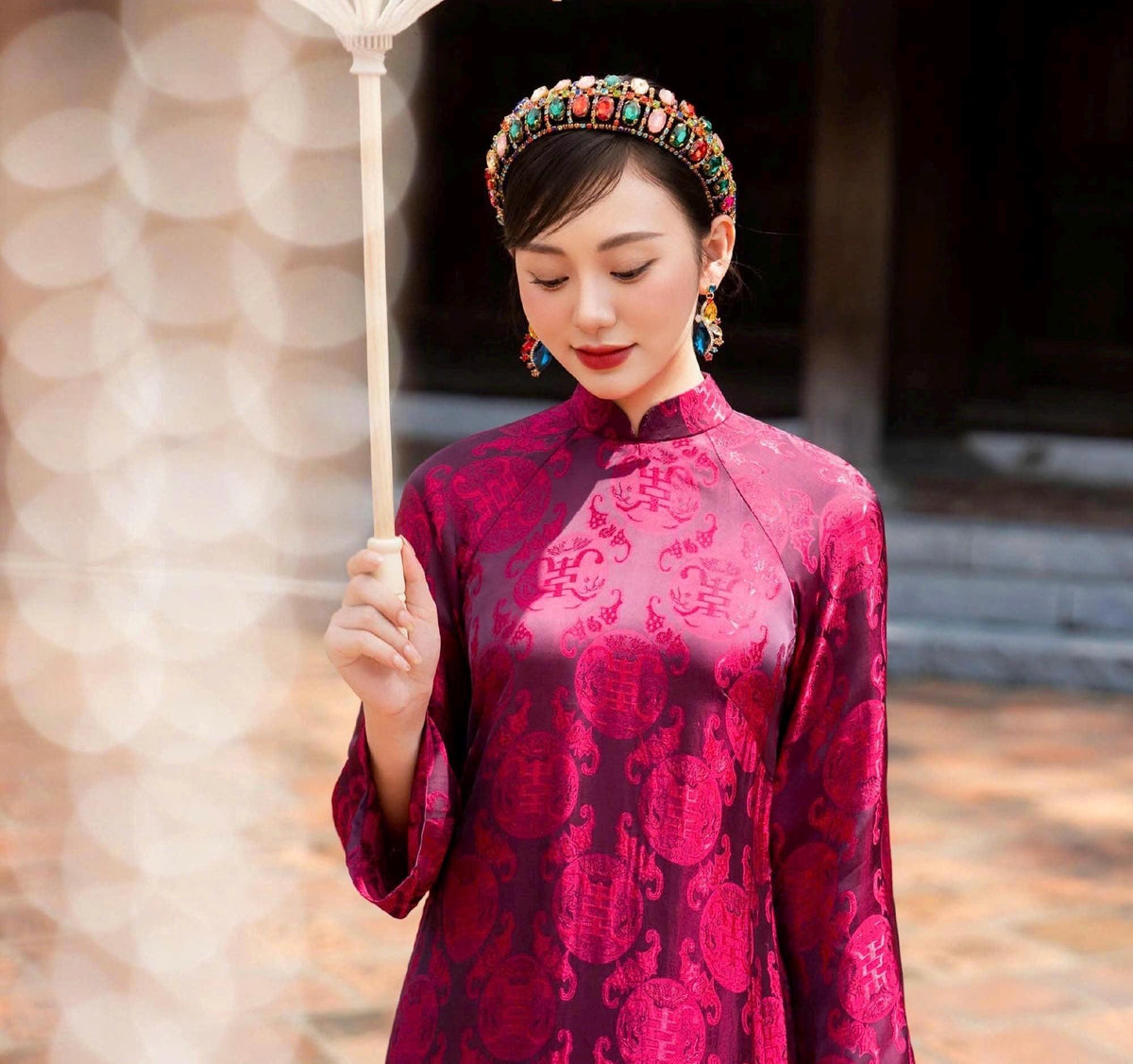 ThoCam Vietnamese ao dai fuchsia pink, pants included