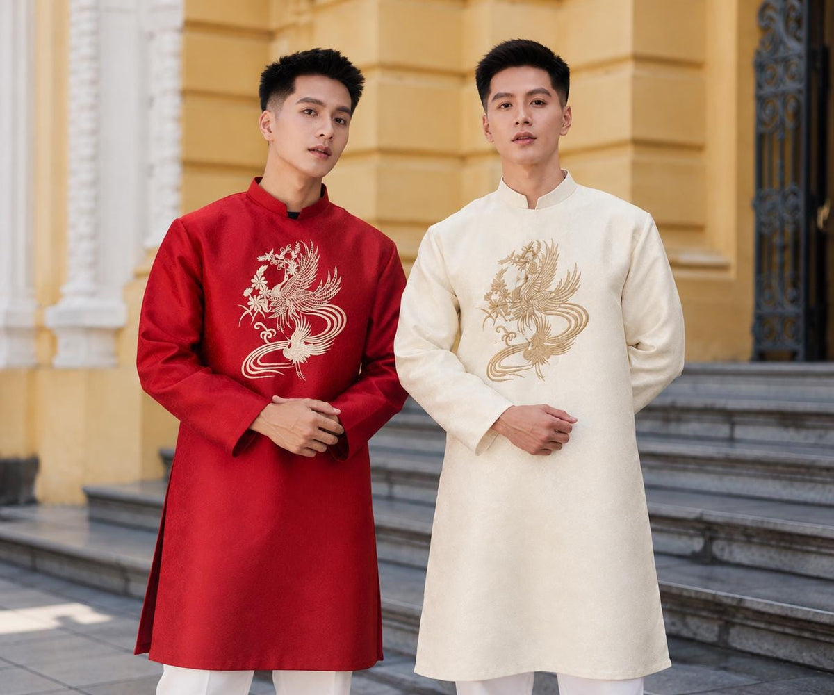 Vietnamese aodai for men GamCong red or cream beige