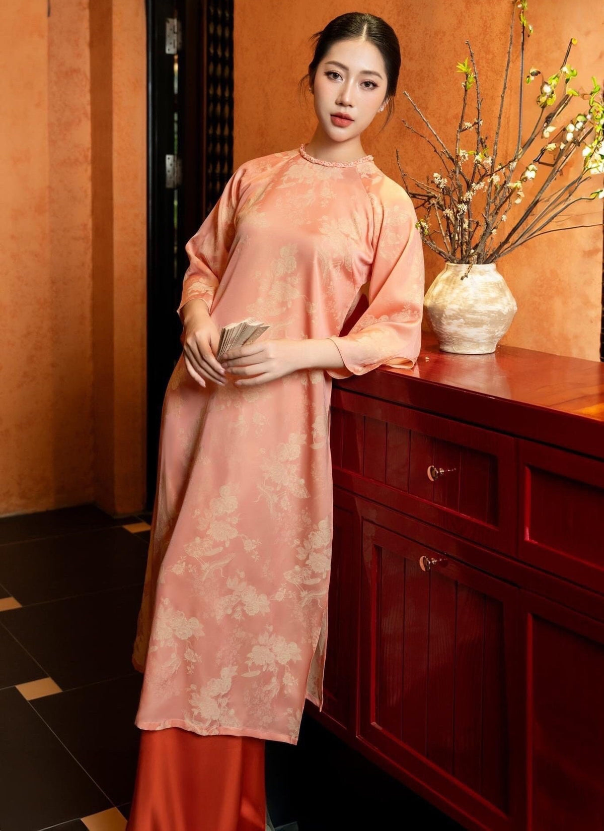 HoaY Vietnamese aodai peach, pants included