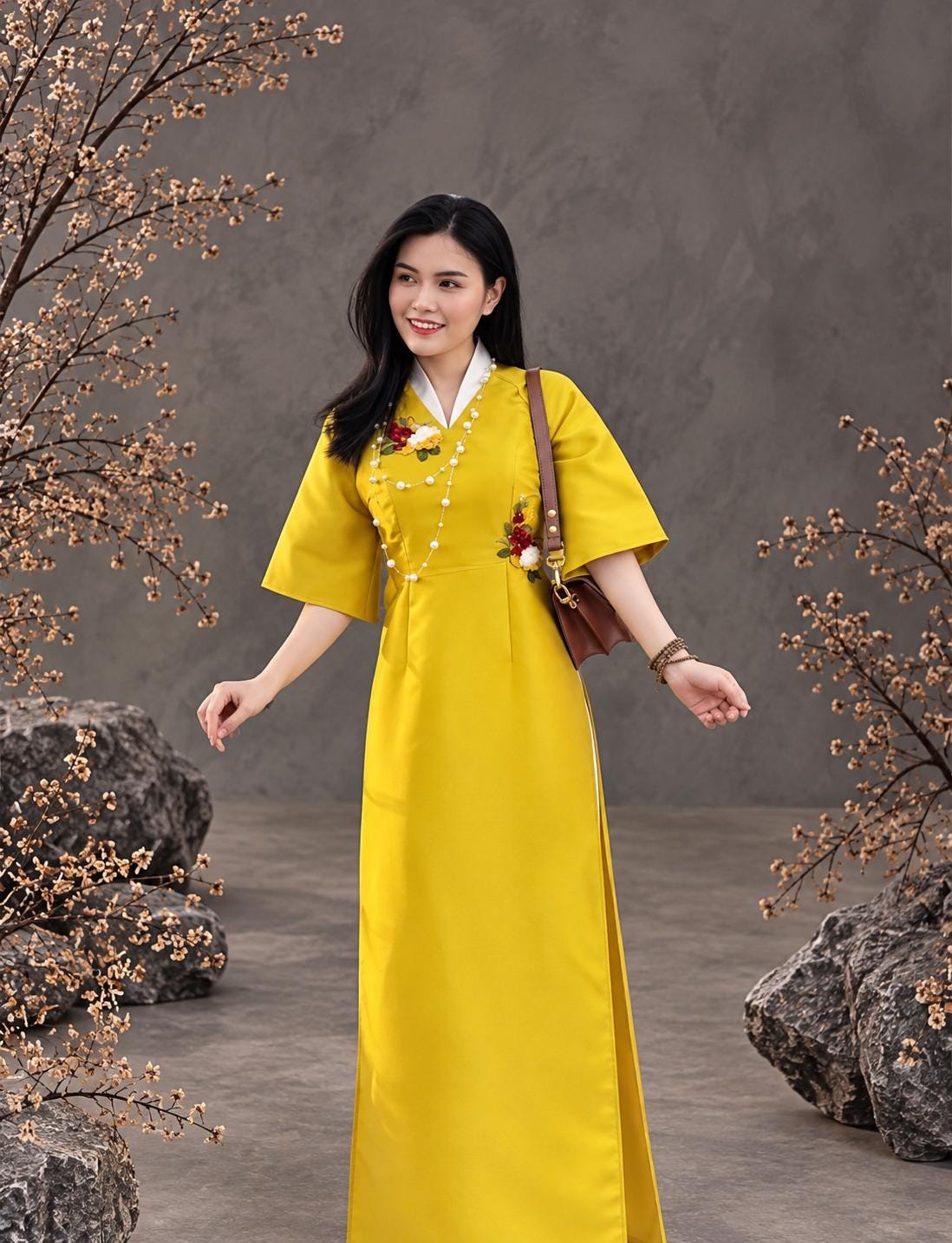 Keng Vietnamese ao dai Vneck yellow, pants included