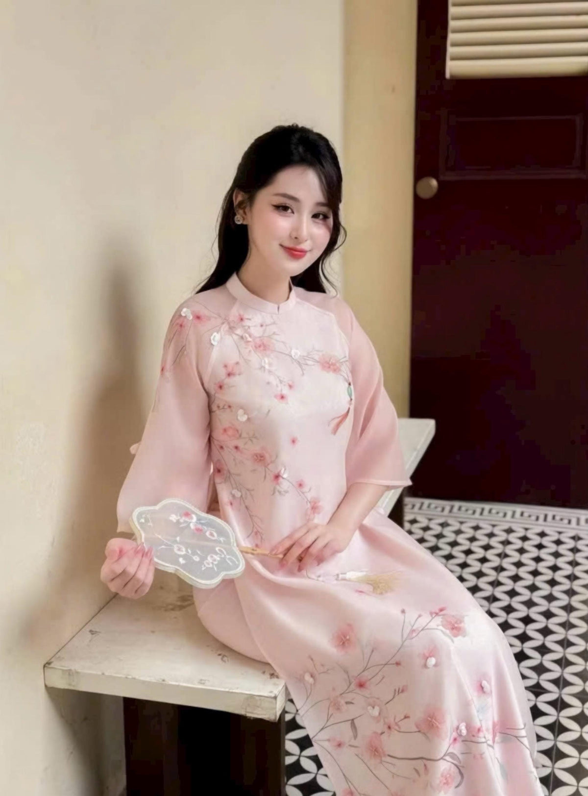 DieuHoa Vietnamese ao dai beaded pink, pants included