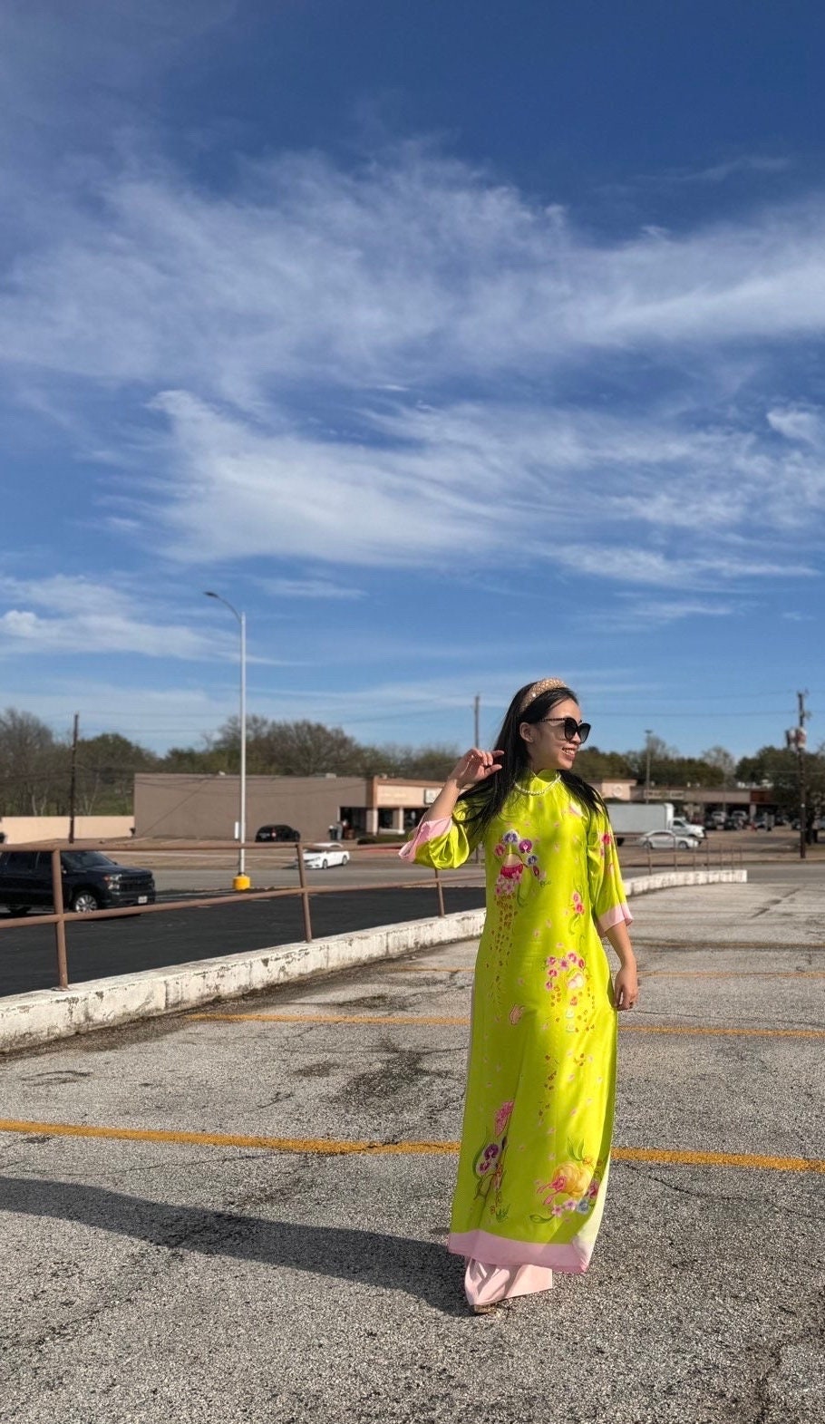 XuanChi Vietnamese ao dai yellow-green, pants included
