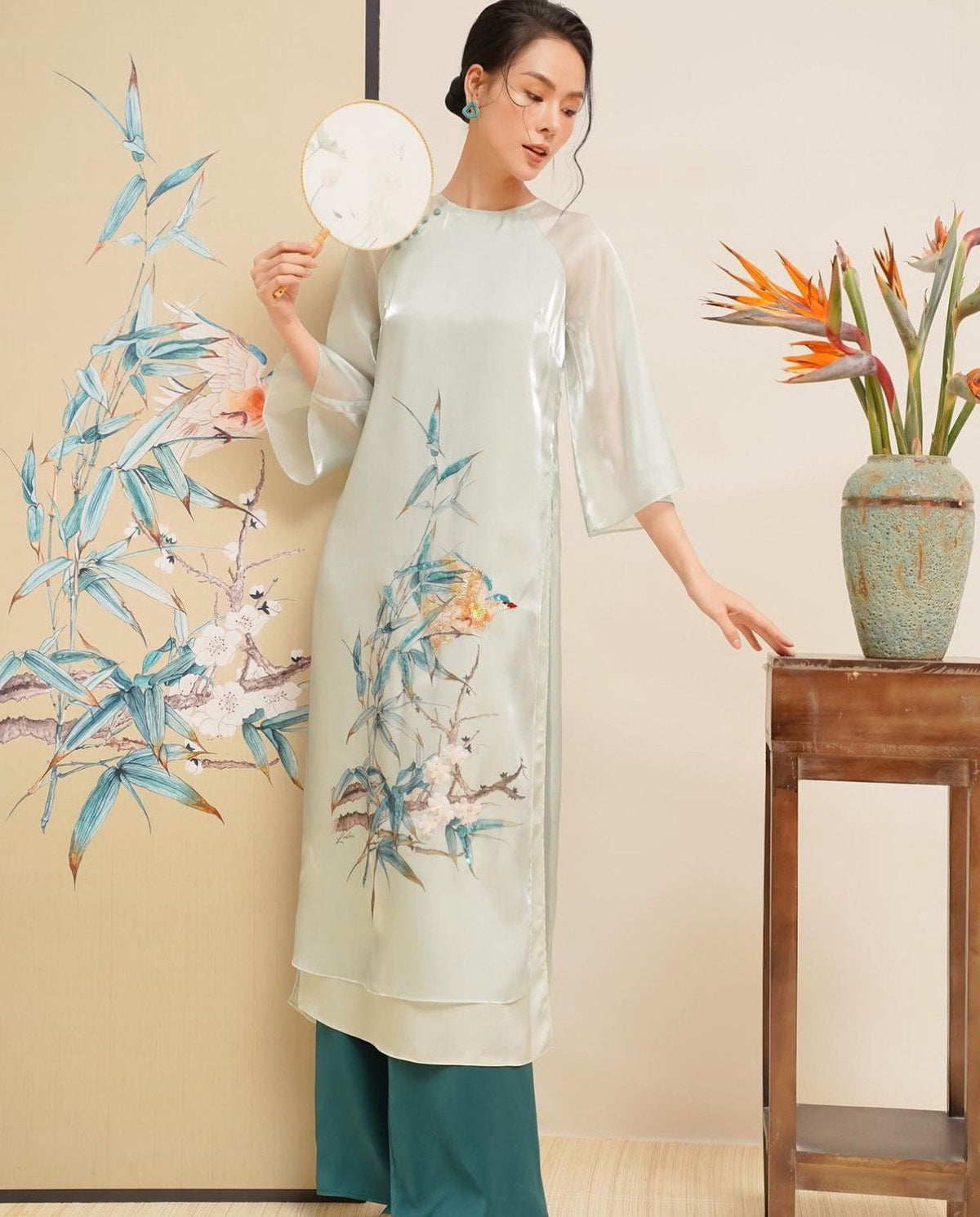 Vietnamese ao dai TrucVien green loose style, pants included