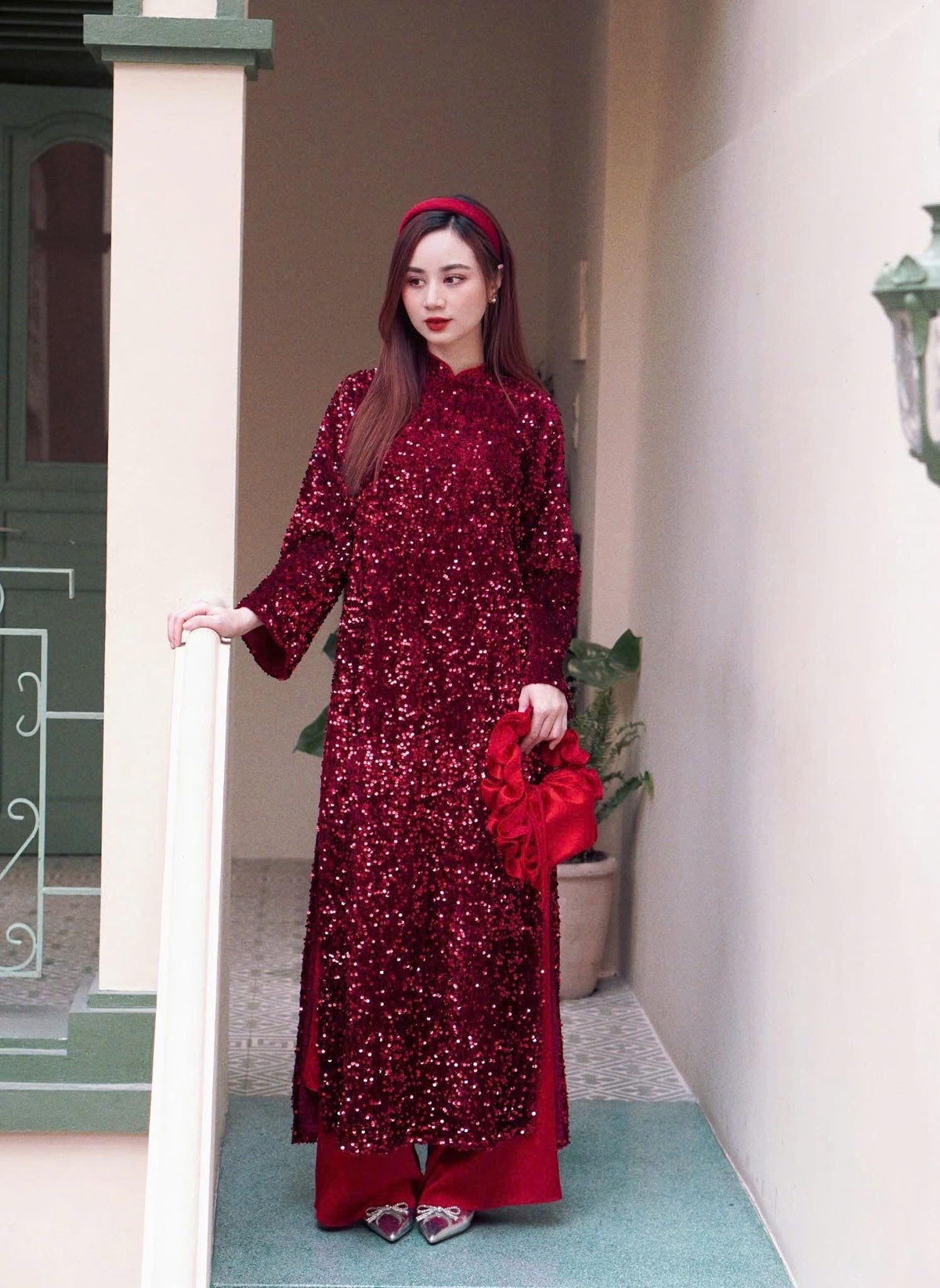 Vietnamese ao dai KimSa velvet embroidery dark red/ pink and cream sequins silk aodai , pants included