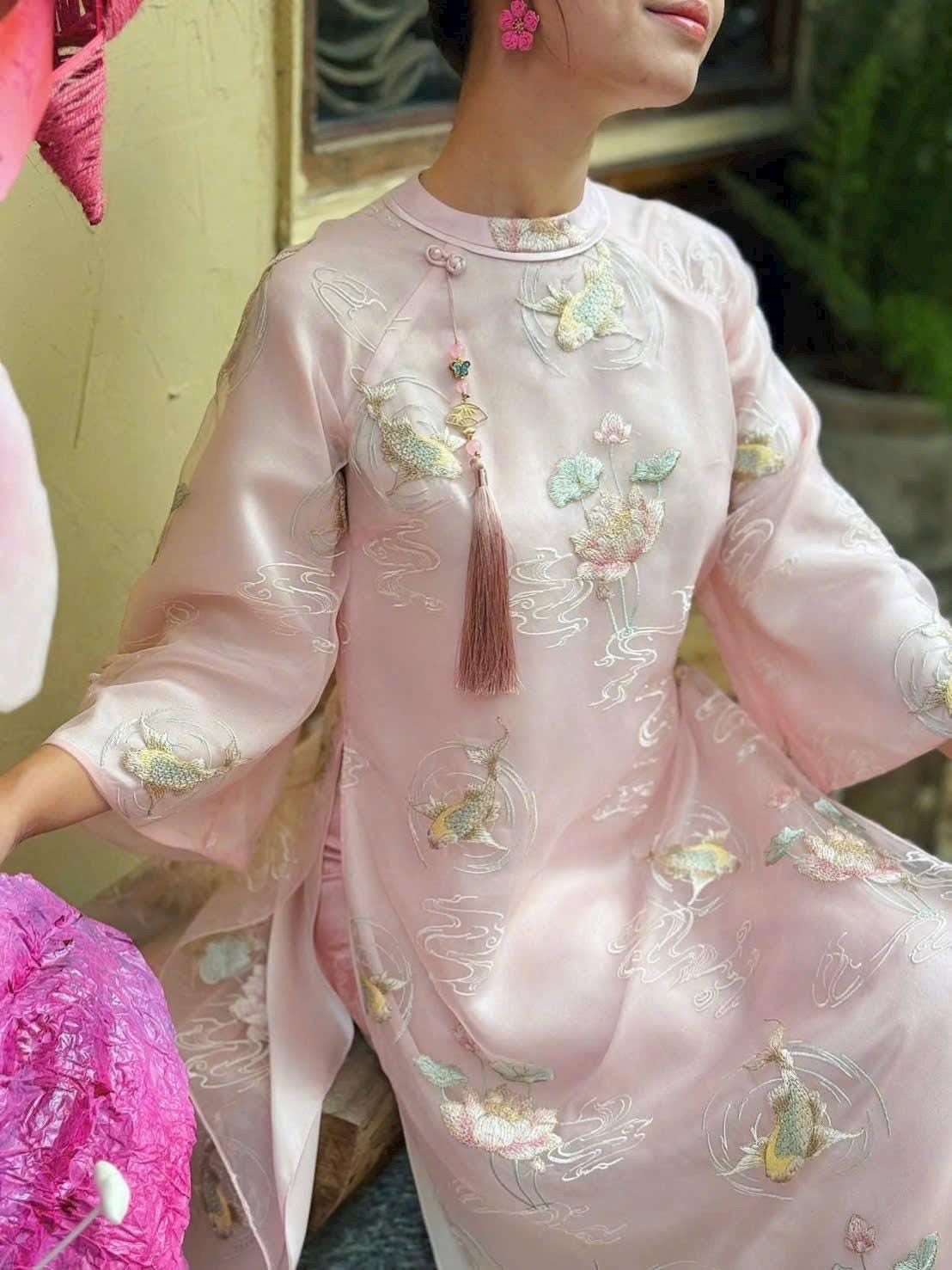 Vietnamese ao dai embroiled NguSen pink design aodai, pants included