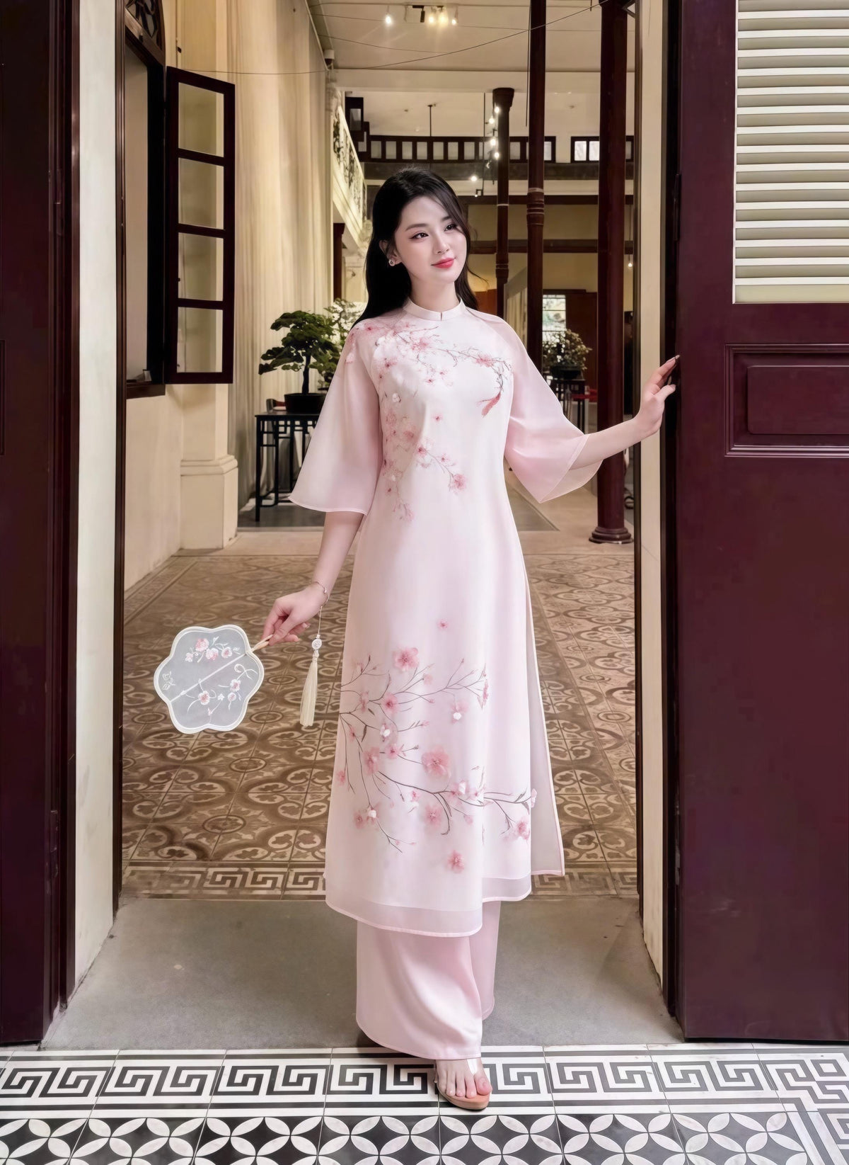 DieuHoa Vietnamese ao dai beaded pink, pants included