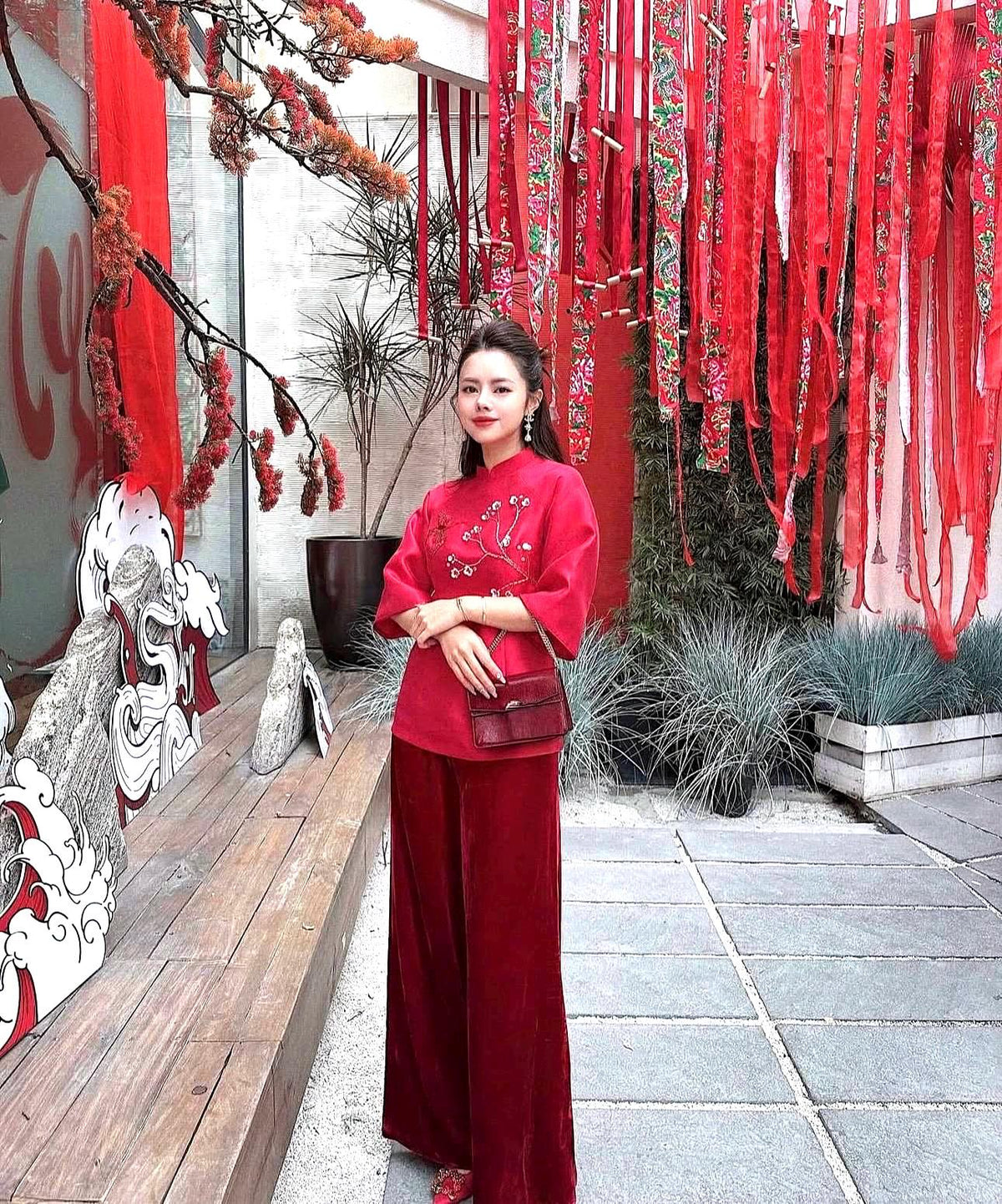 Set of Vietnamese Phap phuc red embroidery and beaded, velvet pants included