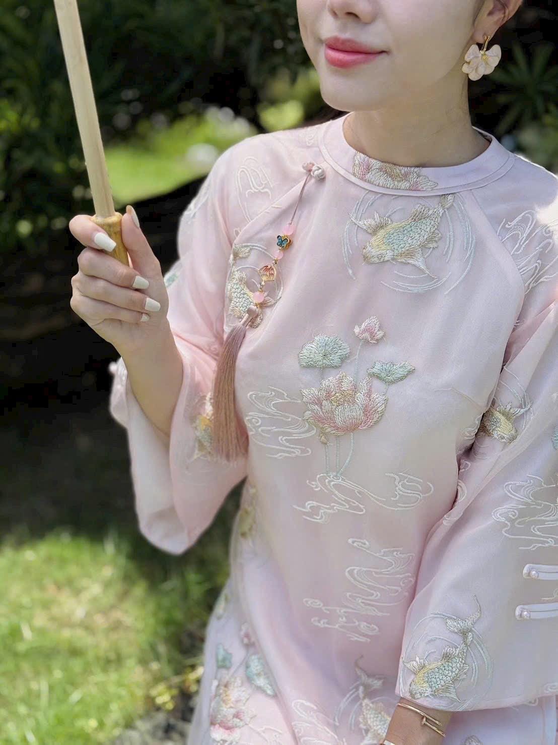 Vietnamese ao dai embroiled NguSen pink design aodai, pants included