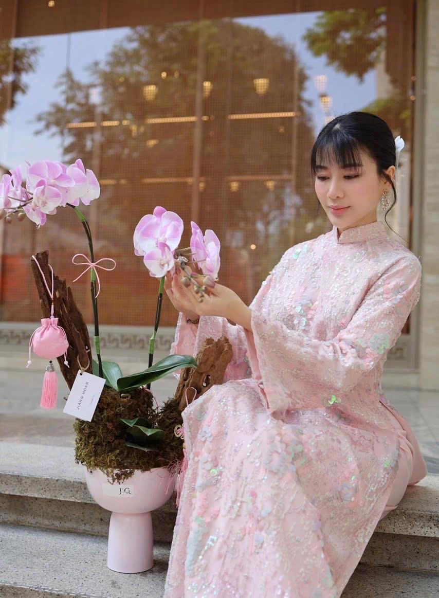 HongChu Vietnamese luxury ao dai pink sequins, pants included